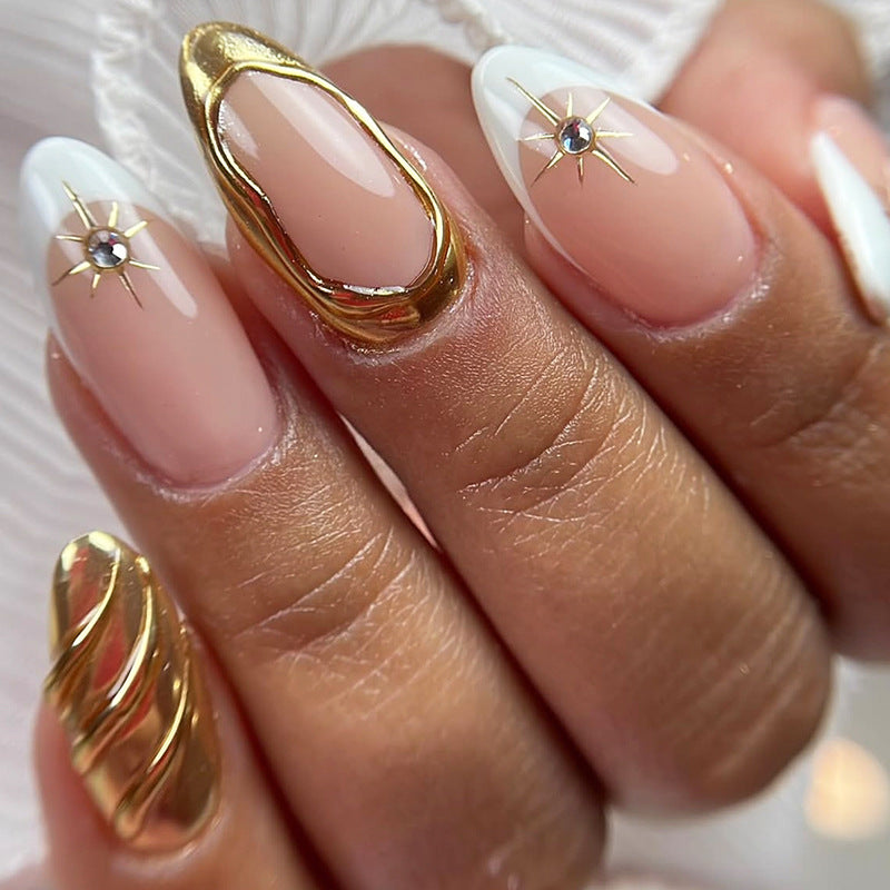 Celestial Charm Long Almond White and Beige Press On Nail Set with Stunning Golden Accents