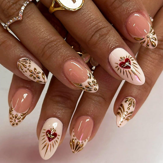 Romantic Elegance Medium Almond Shaped Blush Pink with Heart and Floral Detailing Press on Nail Set