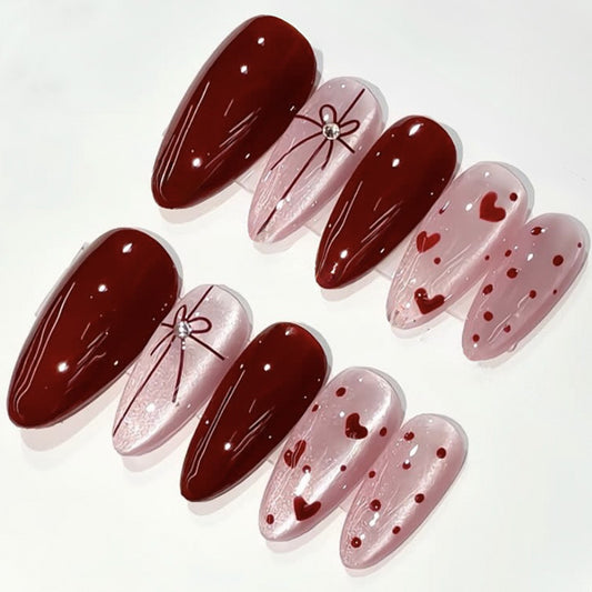 Romantic Elegance Long Almond Burgundy and Pink Heart Design Press-On Nail Set