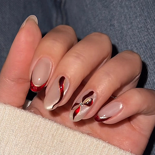 Glamorous Romance Medium Almond Beige with Deep Red Accent and Elegant Metallic Detail Press-On Nail Set