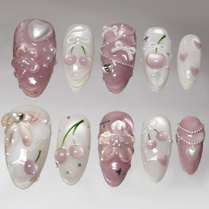 Charming Blossom Dreamy Medium Almond Pink Press-On Nail Set with Bow and Pearl Accents