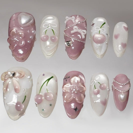 Charming Blossom Dreamy Medium Almond Pink Press-On Nail Set with Bow and Pearl Accents