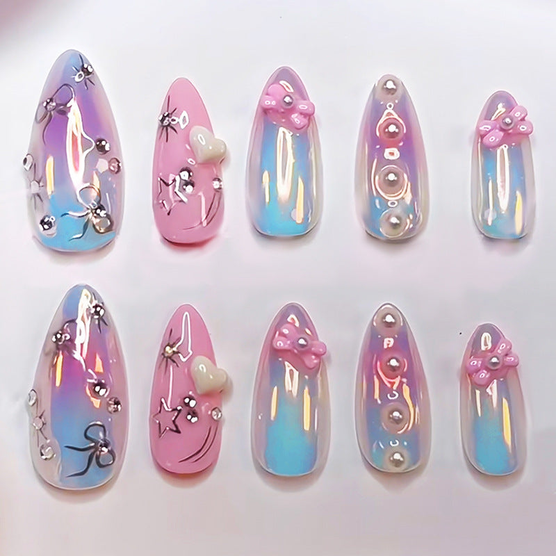 Dreamy Pastel Medium Almond Press-On Nail Set in Pink and Blue with Floral and Pearl Embellishments