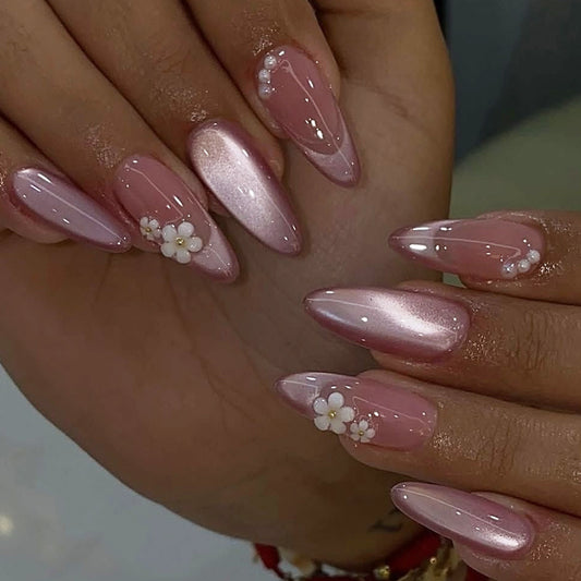 Blossom Fantasy Long Almond Pink Press-On Nail Set with Elegant Floral Accents