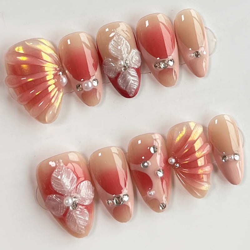 Enchanted Blossom Medium Almond Gradient Pink Nail Set with Floral and Shell Accents
