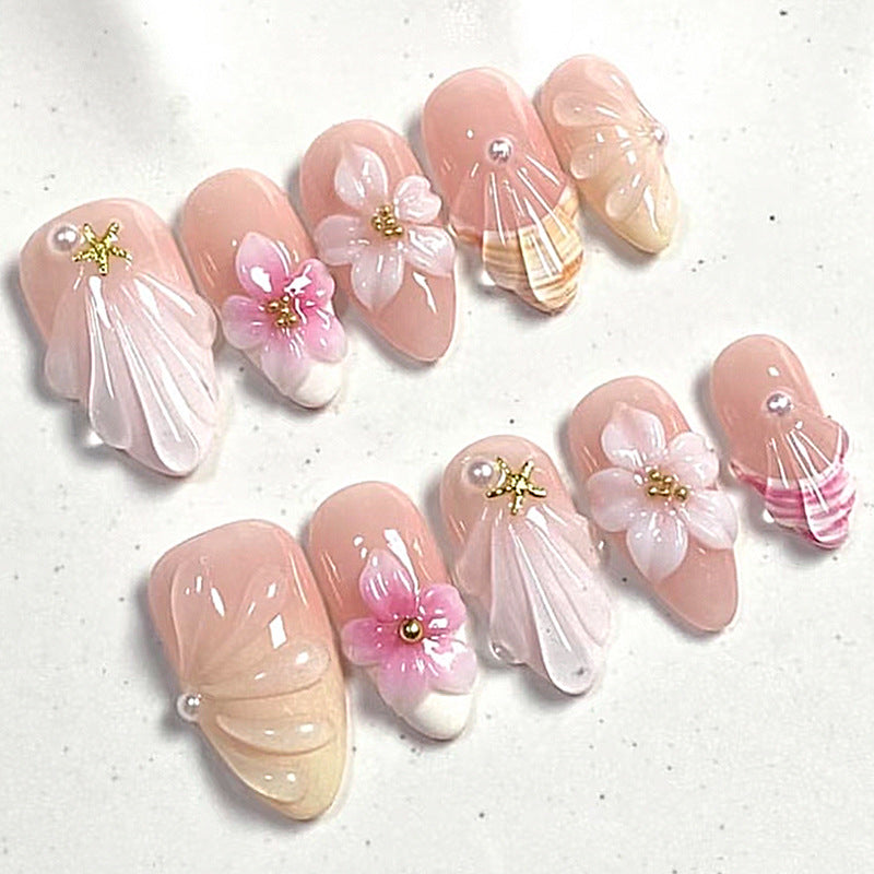 Whimsical Floral Elegance Medium Almond Pink Press-On Nail Set with Iridescent Petals and Pearl Accents