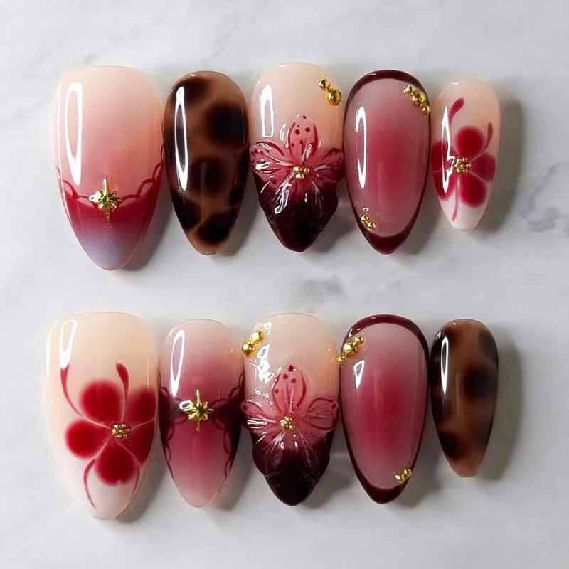 Cherry Blossom Dreams Medium Almond Gradient Pink and Brown Floral Press-On Nail Set with Gold Accents
