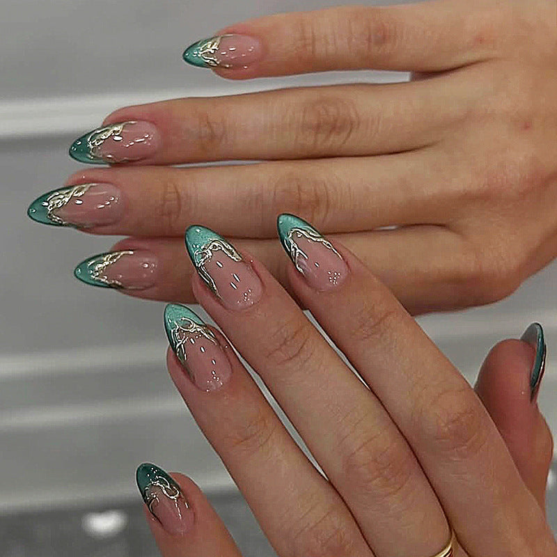 Oceanic Dream Long Almond Shaped Teal and Gold Marble Press On Nail Set