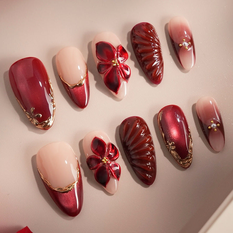 Enchanting Elegance Long Almond Burgundy with Floral Embellishments Press On Nail Set