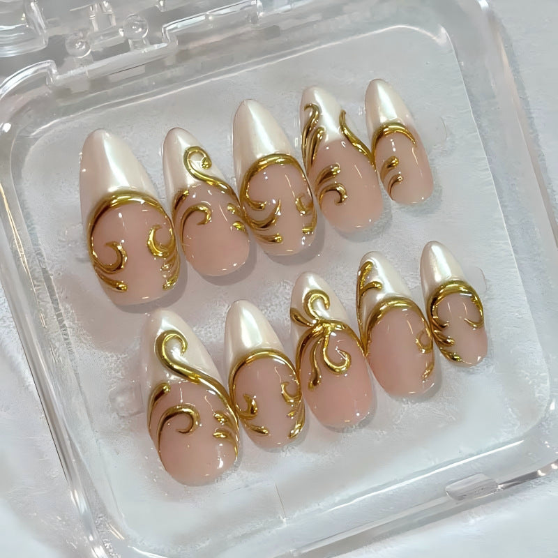 Glamorous Elegance Medium Almond Beige Pink Nails with Gold Floral Art