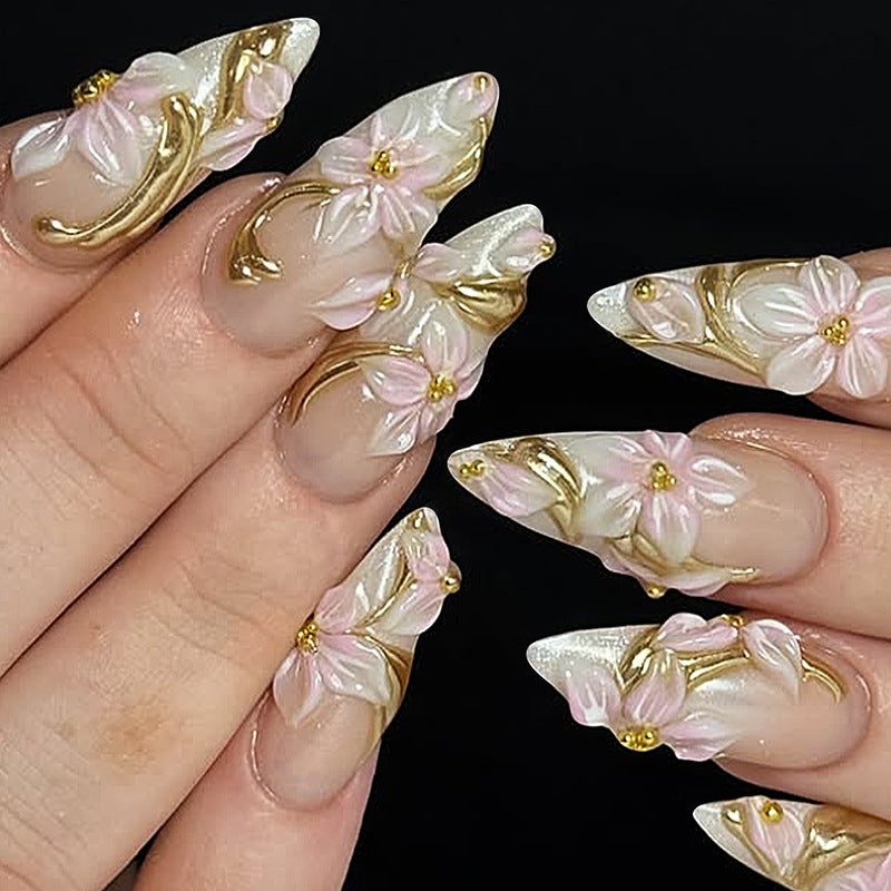 Blossoming Elegance Long Almond Transparent with Floral and Gold Accents Press On Nail Set