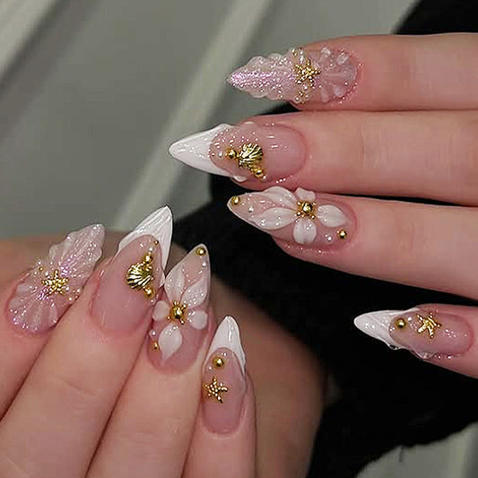Ocean Escape Elegant Long Almond Pink and White Floral Nail Set with Gold Accents