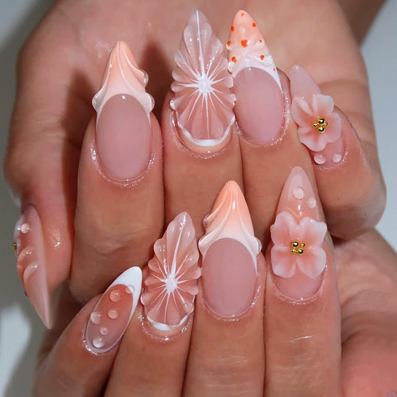 Tropical Paradise Long Almond Peach Ombre with Flower and Gem Accents Press On Nail Set