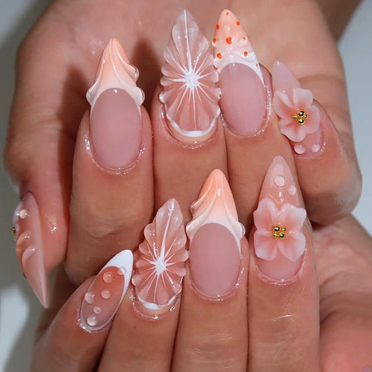 Tropical Paradise Long Almond Peach Ombre with Flower and Gem Accents Press On Nail Set