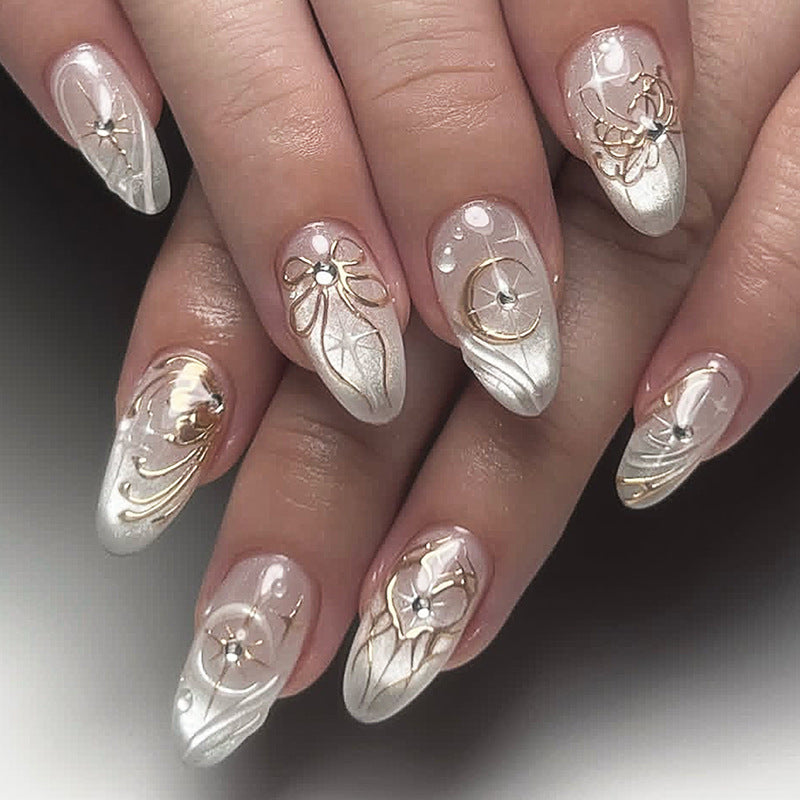 Celestial Elegance Medium Almond White and Gold Floral Press On Nail Set with Rhinestone Accents