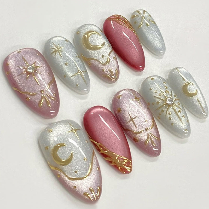 Celestial Dream Press On Nail Set Long Almond Shape Soft Pink and Shimmering Silver with Gold Accents