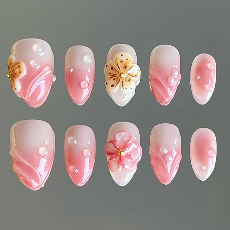 Blossom Dreams Short Almond Pink Gradation Press-On Nail Set with Floral Accents
