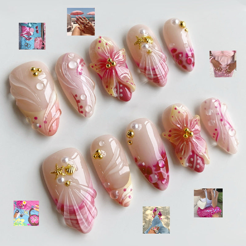 Tropical Paradise Short Almond Pink Ombre Seashell and Flower Nail Set with Pearl Accents