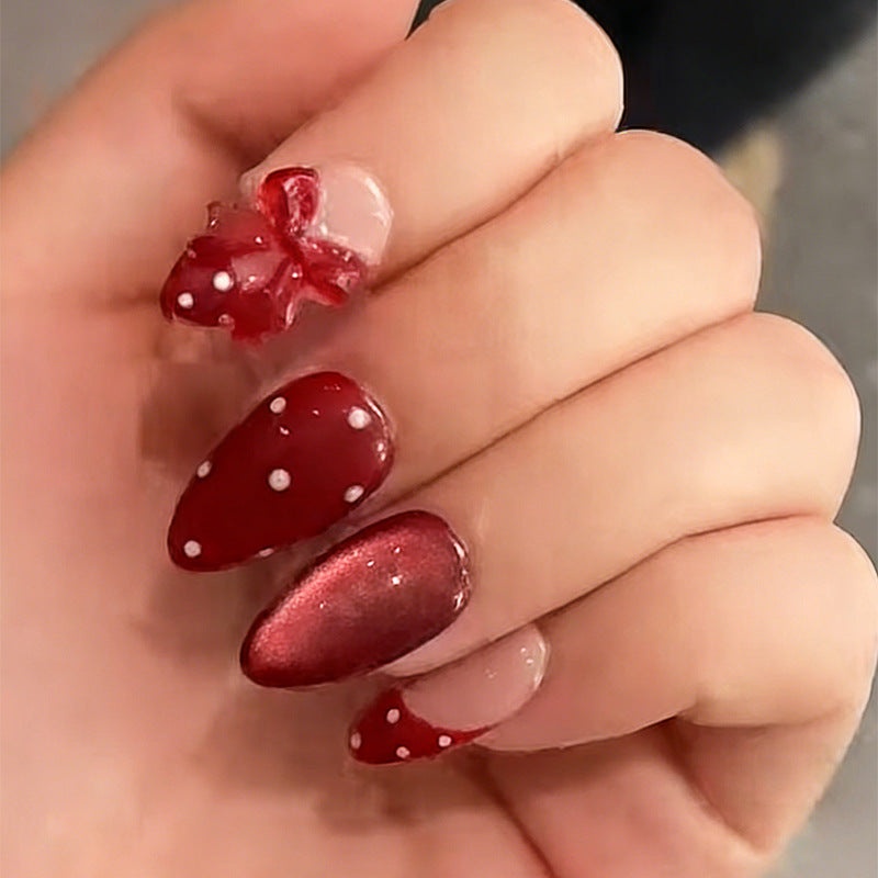 Sweet Strawberry Fantasy Red Medium Almond Press On Nail Set with Charming Bow and Dotted Design