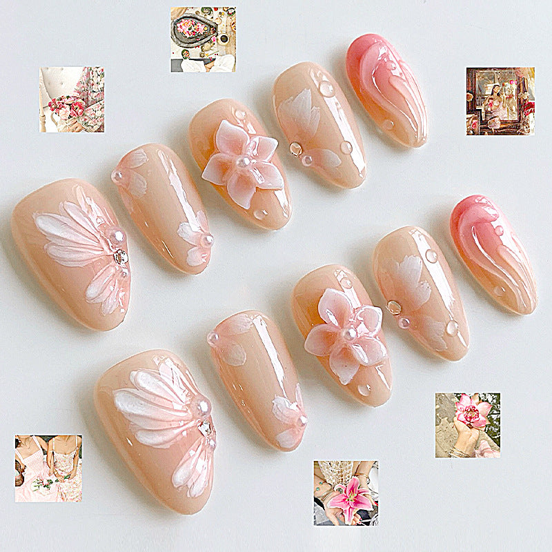 Floral Elegance Medium Almond Shaped Beige with Pink Floral Accents and Gem Detailing Press On Nail Set