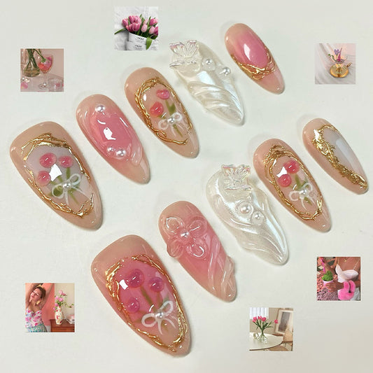 Floral Elegance Long Almond Pink Press On Nail Set with Artistic Gold Accents and Charming Floral Embellishments