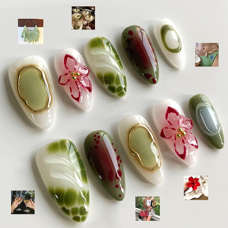 Botanical Bliss Long Almond Green and White Nail Set with Floral Accents