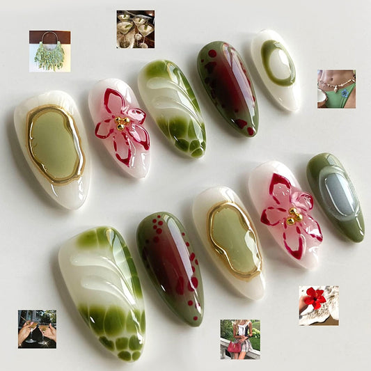 Botanical Bliss Long Almond Green and White Nail Set with Floral Accents
