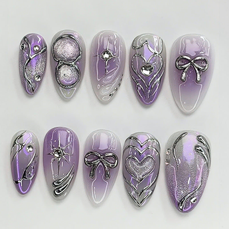 Charming Elegance Long Purple Almond Press On Nail Set with Dazzling Metallic Accents