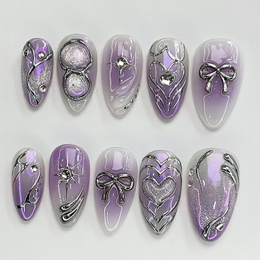Charming Elegance Long Purple Almond Press On Nail Set with Dazzling Metallic Accents