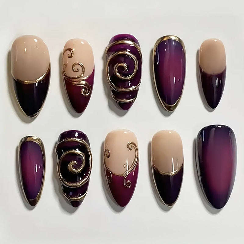 Enchanting Twilight Glamour Long Almond Purple Gradient Press On Nail Set with Elegant Gold Swirl Accents