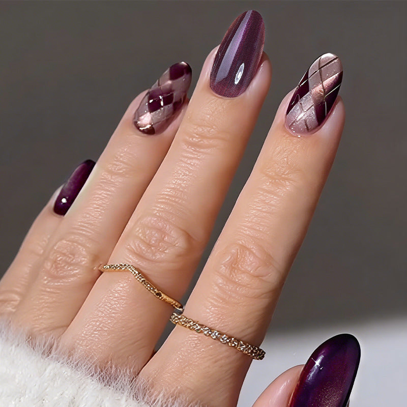 Chic Twilight Elegance Long Oval Dark Plum with Glimmering Metal Accents Press On Nail Set