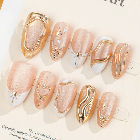 Elegant Glamour Press On Nail Set in Medium Almond Shape Soft Pink Color with Unique Gold Accents