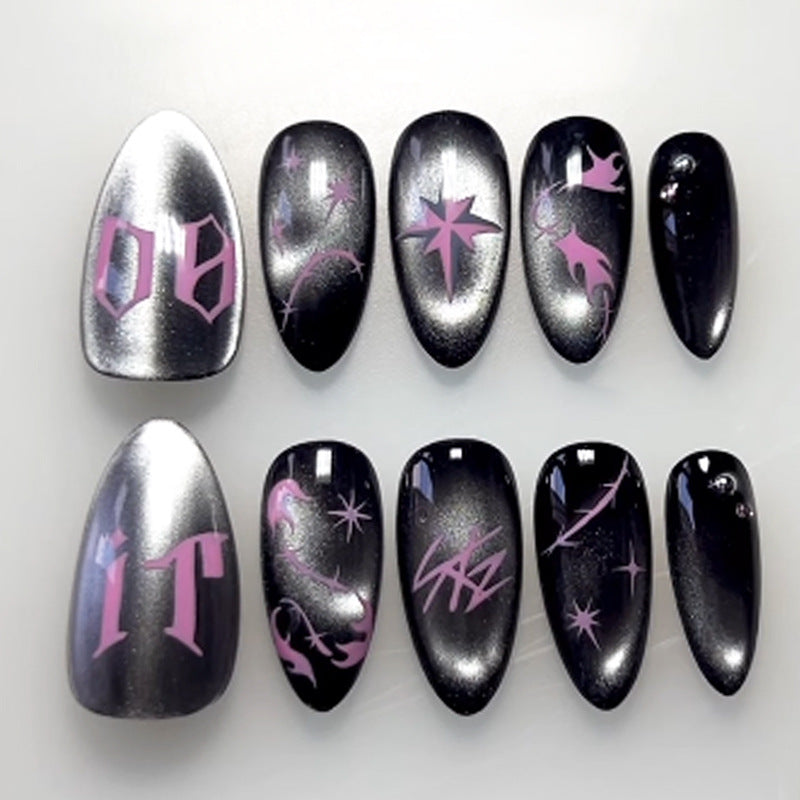 Cosmic Dreams Medium Almond Shaped Glossy Black and Pink Press On Nail Set with Unique Art Designs