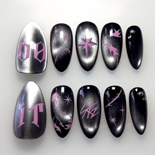 Cosmic Dreams Medium Almond Shaped Glossy Black and Pink Press On Nail Set with Unique Art Designs