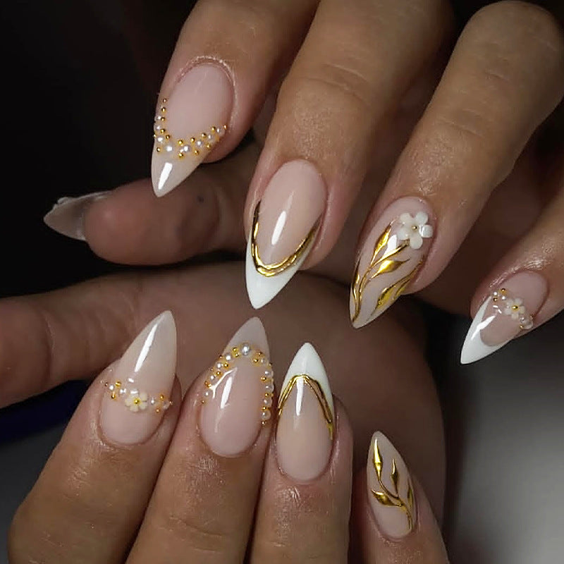 Glamorous Elegance Medium Almond White with Gold Floral Accents Press on Nail Set