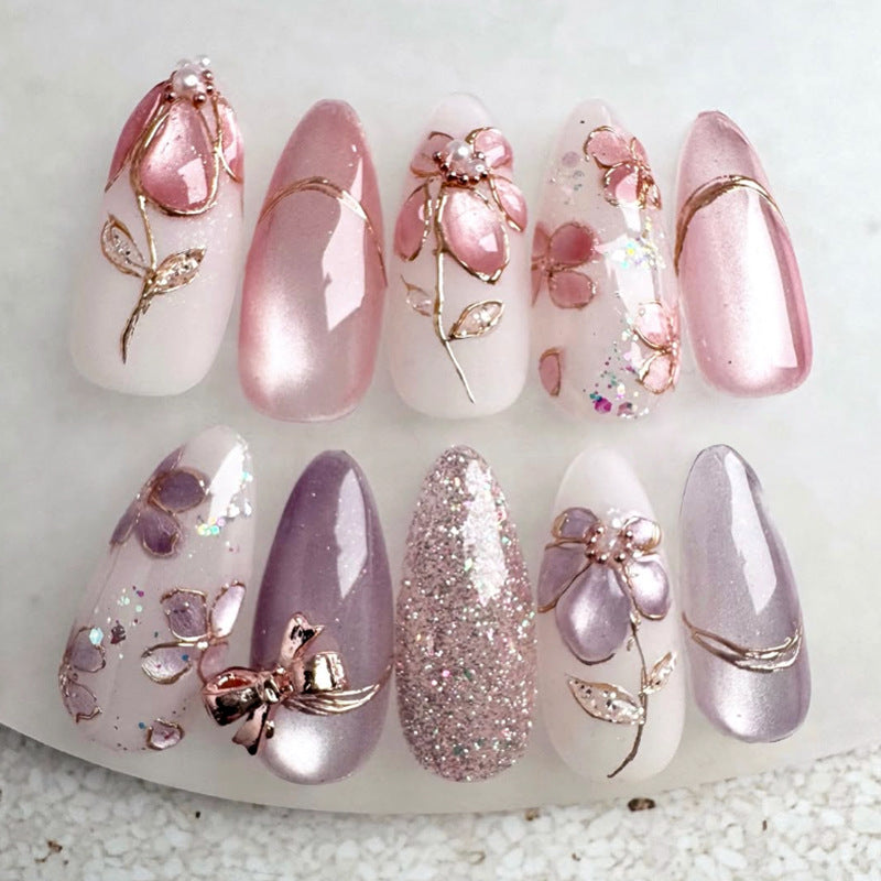 Blossom Elegance Medium Almond Pink Floral Design Press On Nail Set
