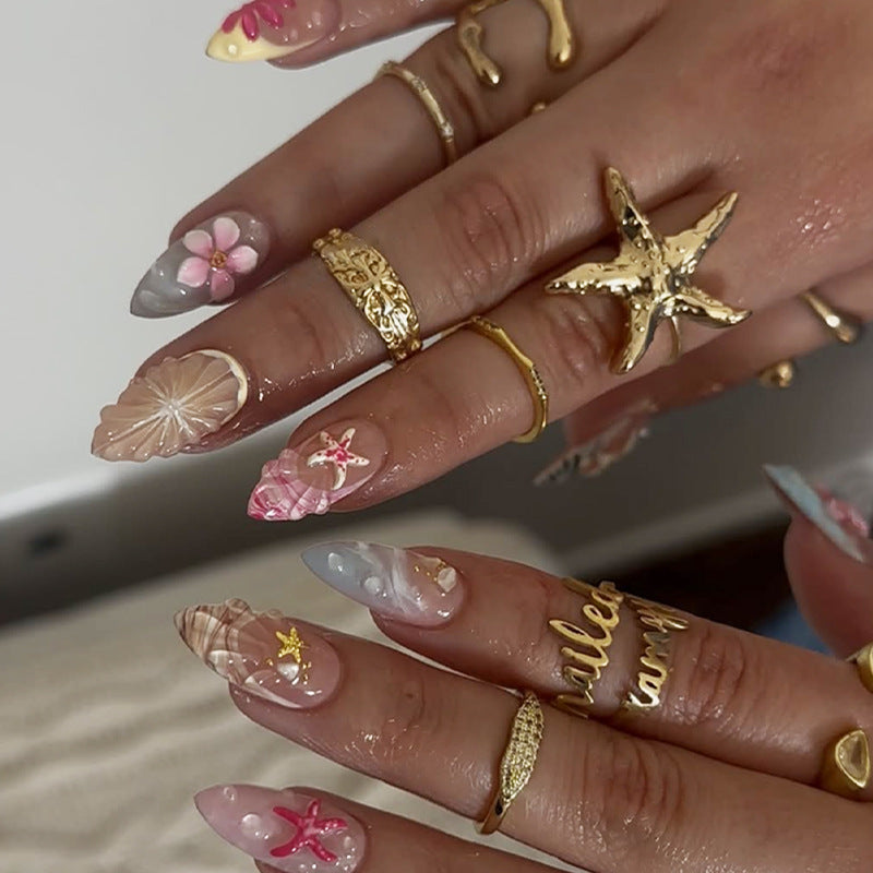 Tropical Bliss Medium Almond Pastel Seashell Pattern Press On Nail Set