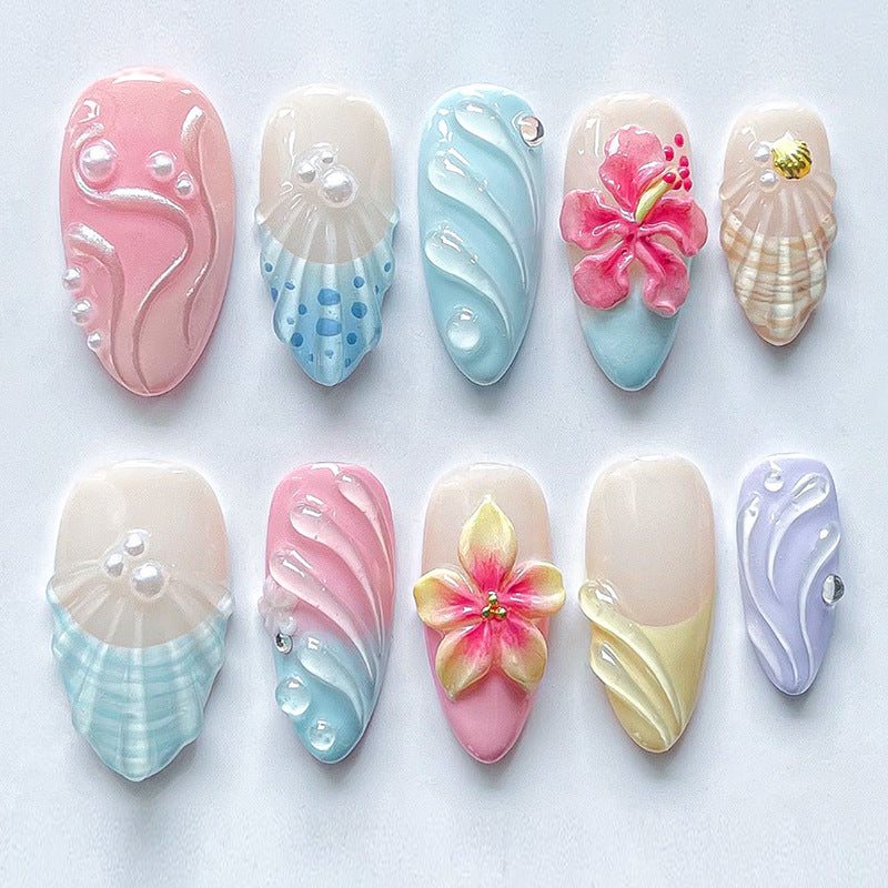 Tropical Oasis Medium Almond Pastel Nail Set with Shell and Floral Embellishments