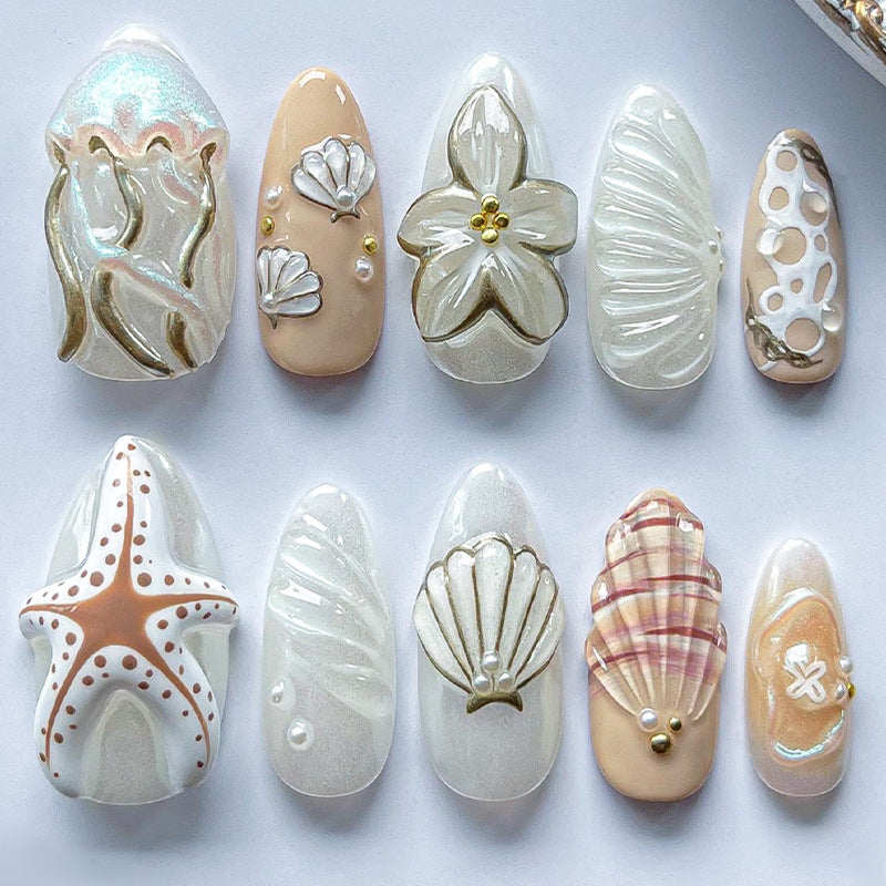 Oceanic Fantasy Medium Almond Pearl-Infused Press-On Nail Set