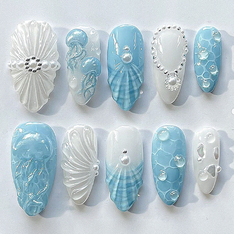 Oceanic Elegance Long Almond Light Blue and White Press-On Nail Set with Pearl Accents and Textured Designs
