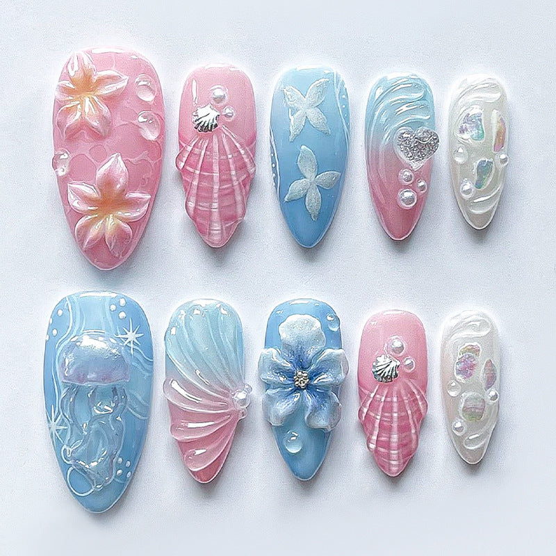 Ocean Bliss Dreamy Medium Almond Pink and Blue Press-On Nail Set with Intricate Shell and Floral Designs