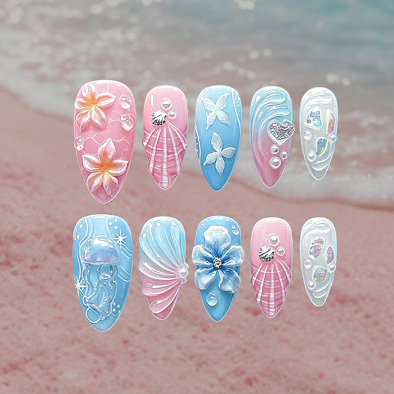 Ocean Breeze Medium Almond Pink and Blue with Floral and Shell Designs Press on Nail Set