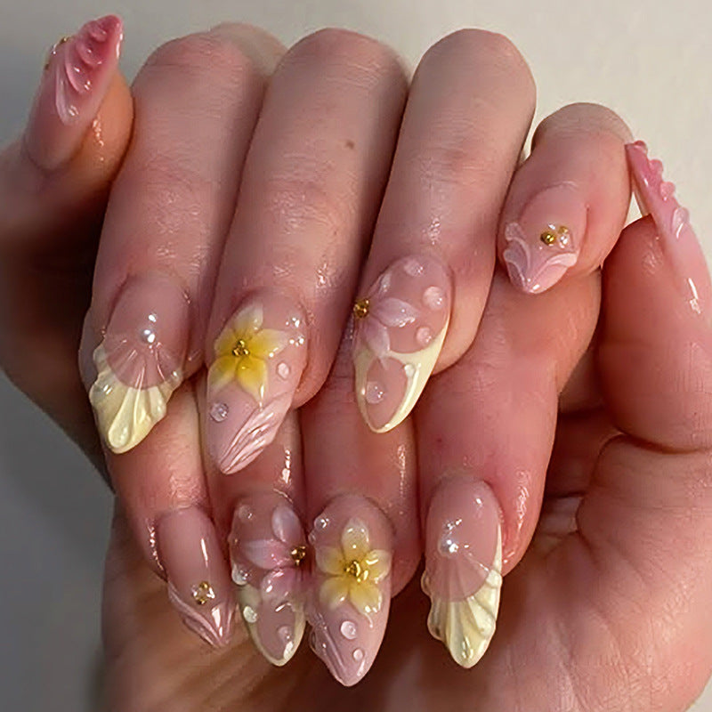 Charming Floral Fantasy Long Almond Pink and Yellow Press-On Nail Set with Three-Dimensional Flower Accents