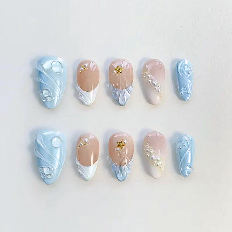 Ocean Breeze Elegance Medium Almond Light Blue and Beige Press On Nail Set with Pearl and Gem Accents