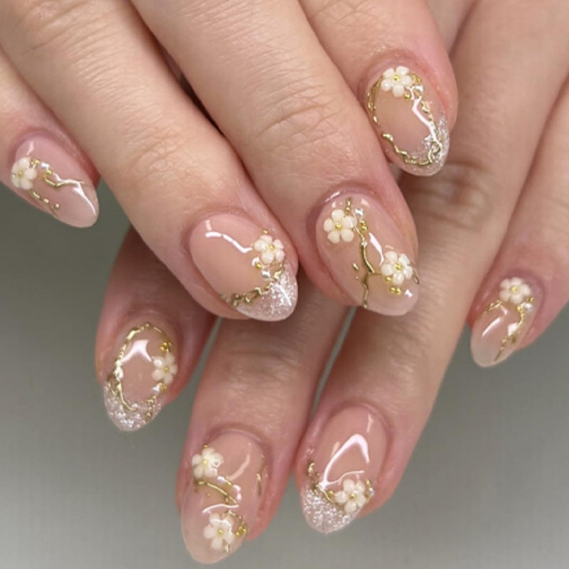Elegant Garden Medium Oval Soft Floral Design Press On Nail Set