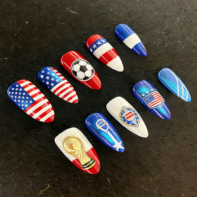 Soccer Spirit Medium Almond Red and Blue with Flag and Trophy Designs Press on Nail Set