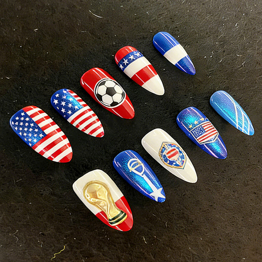Soccer Spirit Medium Almond Red and Blue with Flag and Trophy Designs Press on Nail Set