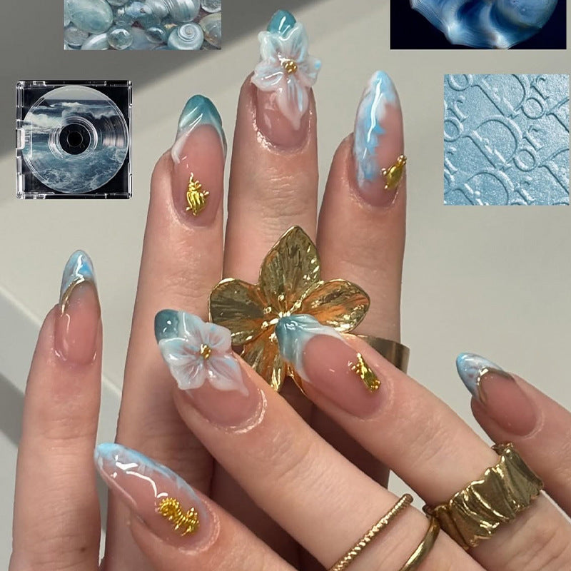 Ocean Breeze Medium Almond Aqua Blue Floral Press On Nail Set