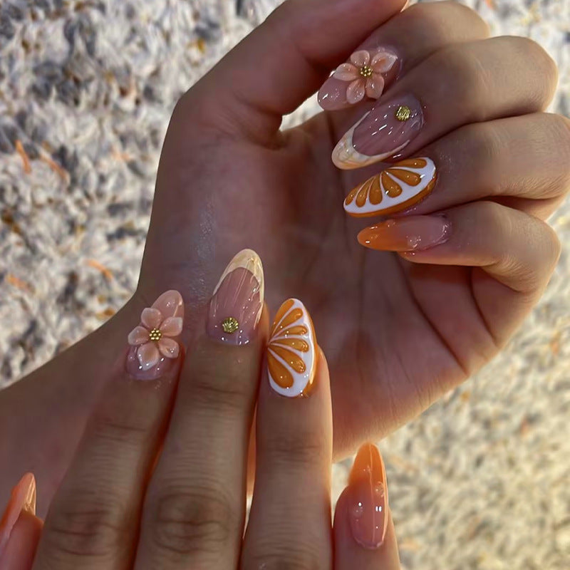 Citrus Blossom Medium Almond Peachy Press On Nail Set with Floral Accent