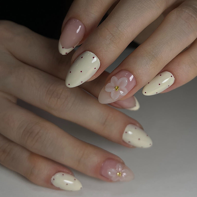 Whimsical Floral Design Medium Almond Pink and Cream Press On Nail Set with Flower Accents